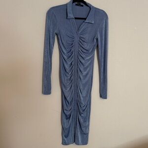 Forever 21 Shimmering Blue Ruched Long Sleeve Dress